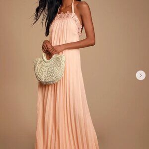 Peach Lace Pleated Halter Maxi Dress